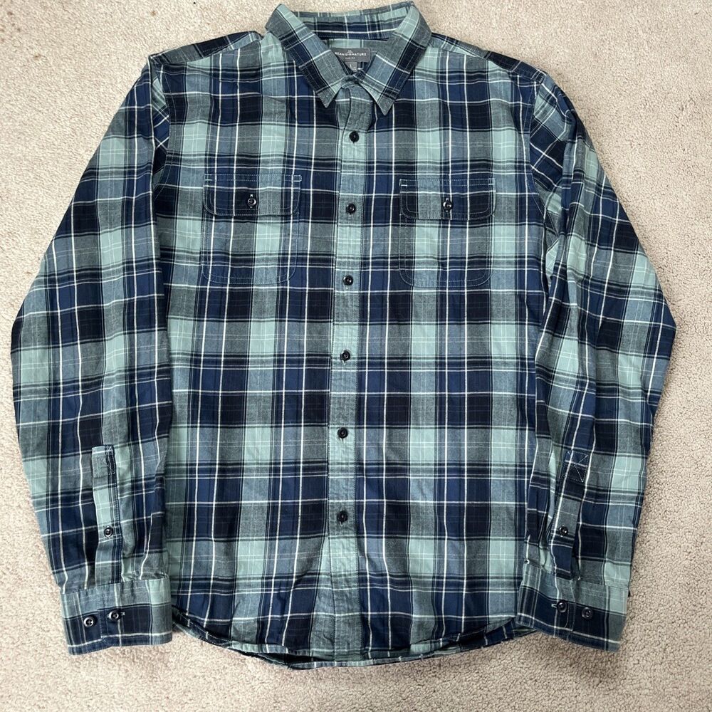 LL Bean Signature Button Down Shirt Mens Large Plaid Green Castine Flannel
